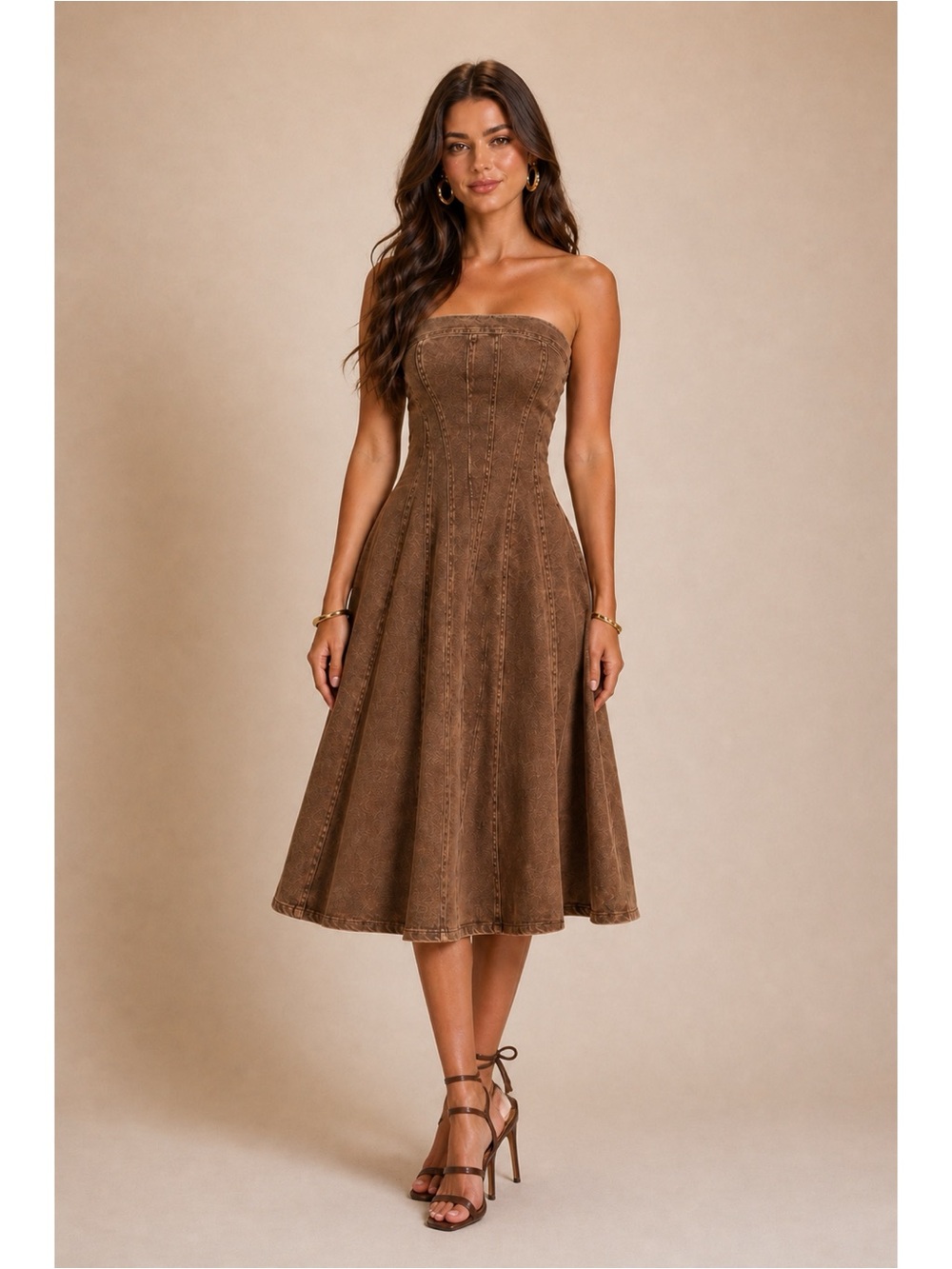Strapless Brown A-Line Midi Dress